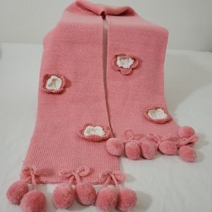 Pink Knit Scarf with Flowers and Pom Poms